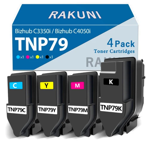 RAKUNI Compatible Toner Cartridge Replacement for Konica Minolta TNP79 TNP79K TNP79C TNP79M TNP79Y with Bizhub C3350i C4050i Printer AAJW430 AAJW330 AAJW230 AAJW130 (High Yield, 4 Pack)