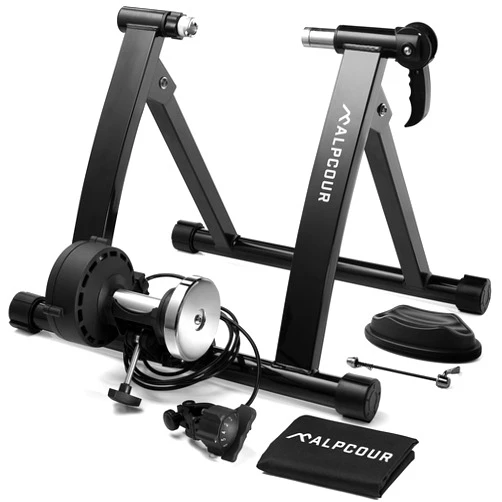 Alpcour Bike Trainer Stand for Indoor Riding – Portable Foldable Magnetic Stainless Steel Indoor Trainer, Noise Reduction, 6 Resistance Settings & Bag – Stationary Exercise for Road & Mountain Bikes