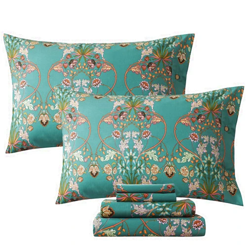 FADFAY King Size Sheets Shabby Floral Vintage Bed Sheet Set Percale Cotton Chic Teal Blue Orange American Country Style Bedding Luxury Super Soft Breathable Crisp Bed Deep Pocket Fitted Sheet 4 Pcs