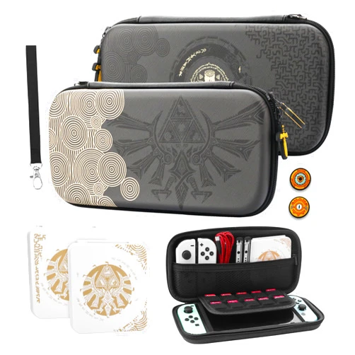 GLDRAM Theme for Zelda Travel Carrying Case for Nintendo Switch & OLED Model, Light Accessories Kit with Waterproof Switch Travel Case, 12 Slots Game Card Case, 2 Thumb Caps and Portable Wrist Strap