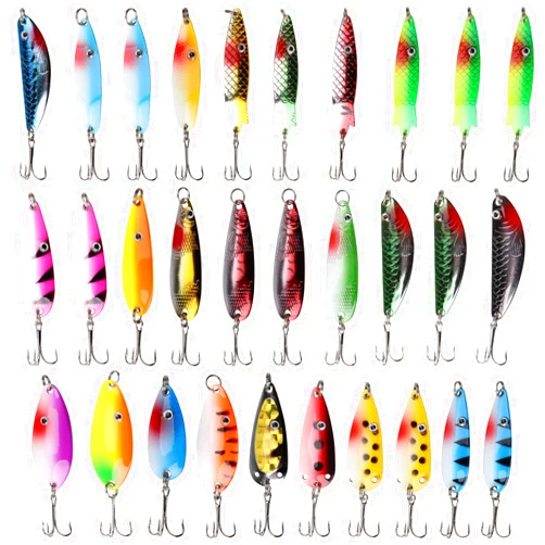 JSHANMEI Fishing Spoons Lures Kit 30pcs Hard Metal Colorful Spinner Baits Casting Trolling Trout Spoon Fishing Lures for Bass Salmon Pike Walleye