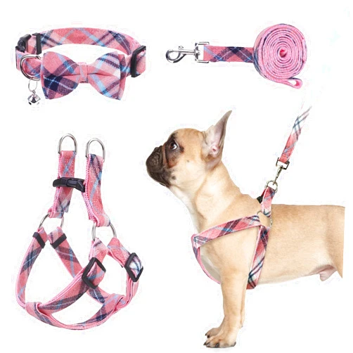 BINGPET Dog Harness Collar Leash Set,Adjustable No Pull Escape Proof Small Dog Harness,Classic Plaid Puppy Harness and Leash Set for Small Medium Large Dogs Training Easy Walk Running(Pink,M)