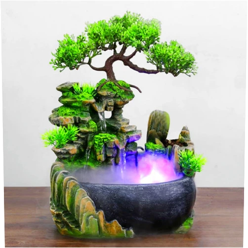 Xshelley Indoor Tabletop Fountains ， Rockery, Water, Waterfall, Plants, Desktop Fountain, atomizing humidifier Fountain, Home Office Desktop Decorations, Automatic Pump with Power Switch