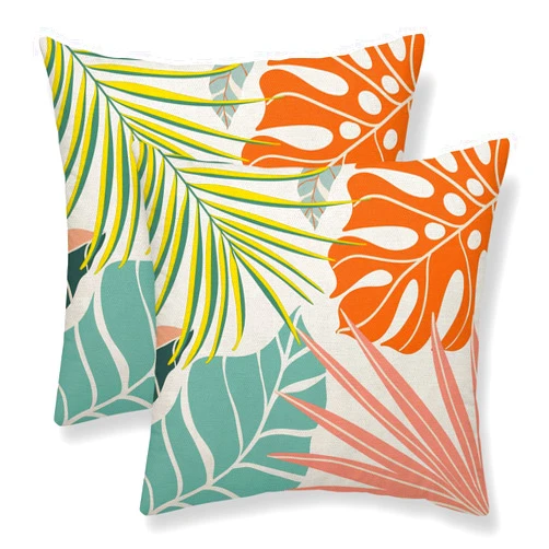 Sunshineyan Summer Palm Leaf Pillow Covers 18x18 Set of 2, Coral Tropical Leaf Decorative Outdoor Throw Pillow Covers Green Blue Botanical Farmhouse Cushion Case Linen Square Decor for Home Couch Sofa