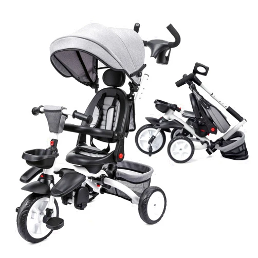 Babevy Baby Tricycle, 7 in 1 Folding Toddler tricycle w/Removable Adjustable Push Handle, Canopy, Rotatable Seat, Safety Harness, Cup Holder & Storage, Trike for 1-5 Year Old (Gray)