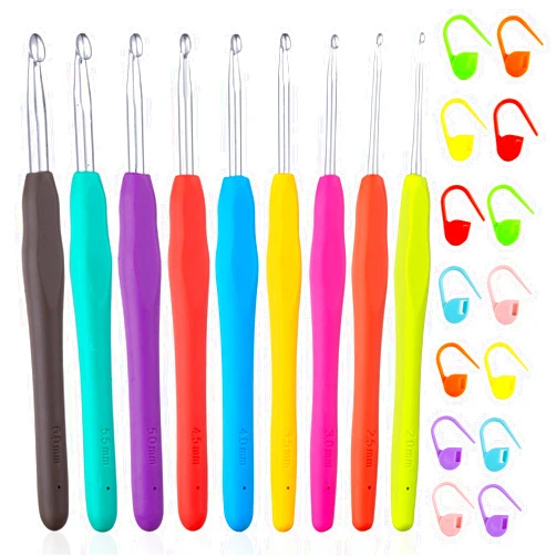 Vodiye 23 PCS Crochet Hooks, Ergonomic Handle Crochet Hooks Set for Arthritic Hands, Comfortable Smooth Crochet Needles Extra Long  Knitting Needles with Stitch Markers, Rubber, Multicolor