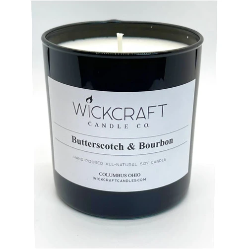 Handmade Butterscotch & Bourbon Scented Soy Candle: 100% Pure Soy Wax with All-Natural Cotton Wick/Burns Cleanly 60 Hours + / Hand-Poured/USA Made / 16oz Black Jar/WickCraft Candle Company