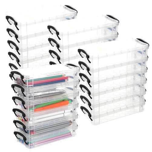 BTSKY 24 Pack Large Capacity Pencil Box, Plastic Pencil Case Crayon Box Bulk, Clear Marker Organizer Stackable Brush Painting Pencils Storage Box for Watercolor Pen Container Drawing Tools(Black)
