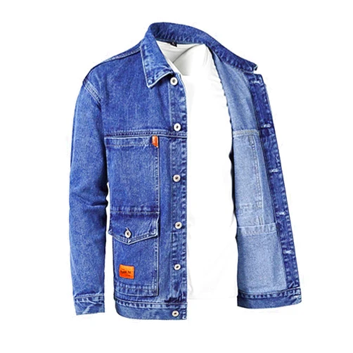 Hoksml Jean Jacket For Men Lapel Collar Button Down Multi-Pocket Washed Distressed Denim Trucker Coat Motorcycle Outerwear