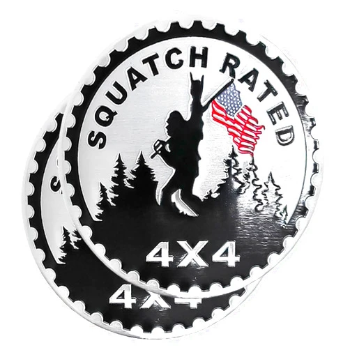EDINGM 2 PCS Squatch Badge Rated Car Emblem, 4 x 4 Metal Automotive Badge, 3D Round Metal Car Badges Emblems, Car Badge Decals Stickers Compatible with Jeep Wrangler Vehicles Trucks SUV RV (Squatch 1)