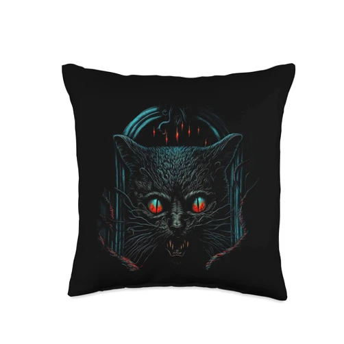 Great Creepy Scary Horror Cat Artwork Illustration Creepy Scary Horror Cat Art Illustration Design Throw Pillow, 16x16, Multicolor