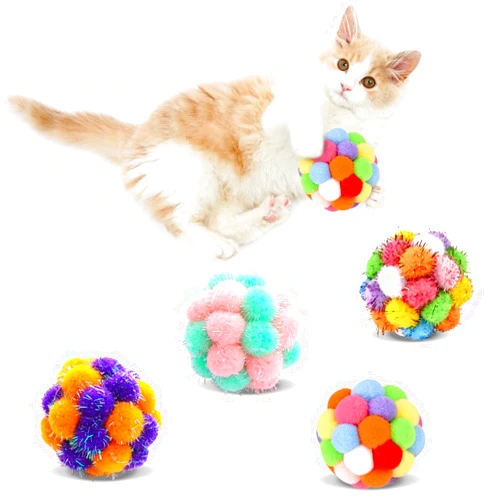 TUSATIY Cat Toys Balls with Bells,5PCS Cat Pom Pom Balls Toy,Tinsel Balls for Cats, Interactive Cat Toys for Indoor Cats and Kittens,Suitable for Small Pets Entertainment