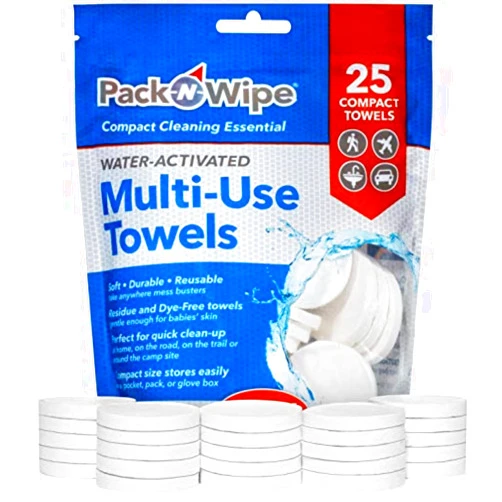 Pack-n-Wipe Disposable Compressed Towel Tablets - Absorbent, Durable & Reusable Paper Towels - Great Cleaning Cloths, Camping Towels and Soft, Eco-Friendly Baby Wipes - 8.5”x11” - (25 Towels & 1 Tube)