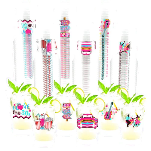 ZCPTZ 60 Pcs 50's Party Plastic Cups 12oz,1950's Rock and Roll Disposable Cups Back to 50s Retro Party Tableware 50's Theme Party Decorations for 50's Theme Birthday Party Music Party Supplies