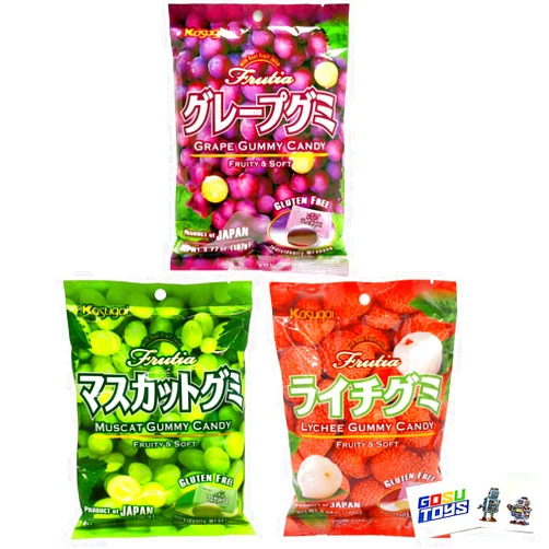 Gosu Toys Kasugai Japanese Gummy Candy with Real Fruit Juice (3 Pack) (Grape, Muscat, Lychee)