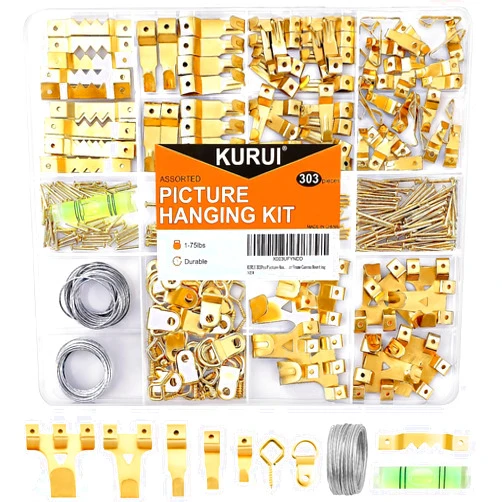 KURUI 303Pcs Picture Hanging Kit, Picture Hangers Assorted Kit With Heavy Duty Wall Hooks, Sawtooth, Picture Wire, D Rings, Hardware Nails, Eye Hooks and Picture Hanging Tool for Frame Canvas Mounting