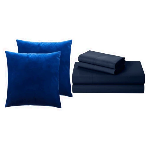 lalaLOOM Velvet Throw Pillow Covers Set of 2 and Bed Sheets 4 Piece Set, Throw Pillowcases Size 18x18 in Dark Blue, Bed Sheet Size Queen in Navy Blue, Breathable Microfiber, 2 Item Bundle