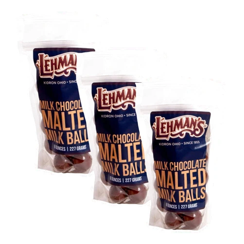 Lehman's Chocolate Malted Milk Balls, Milk Chocolate Coated Candy, 3 Pack of 8 oz Resealable Bags