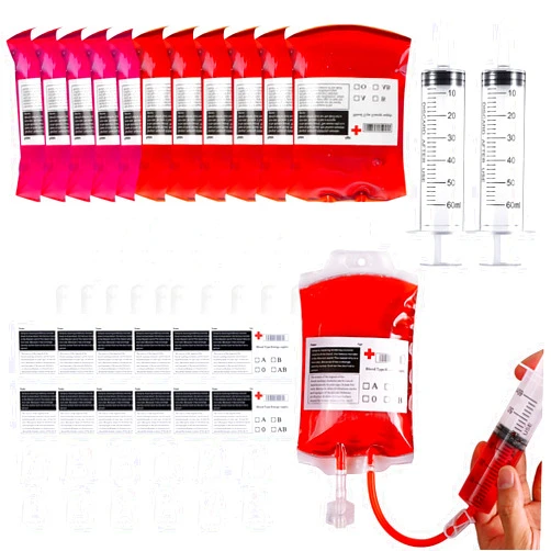 Jremreo 12 Pack Halloween Blood Bag Drink Containers, Reusable IV Blood Bags Pouches for Vampire Cosplay, Nurse, Medical, Horror Party Decorations, Doctor Nursing/RN Graduation, 12 Fl. Oz. Each + 2 Syringes