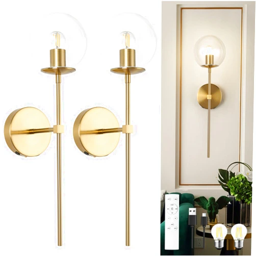 HLILCEH Battery Operated wall Sconce Set of 2 Glass Globe 3000~6000K Rechargeable Wall Light Fixture Wireless Wall Lights with Clear Glass Shade for Living Room, Hallway, Bedroom(2 Pack)