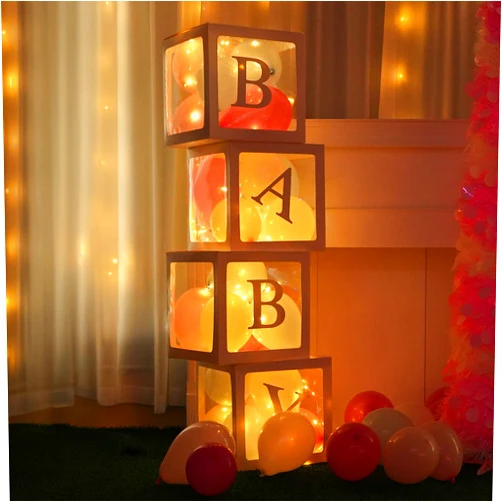 Uptotop 4 Pcs Baby Boxes with 30 Letters and 36 Balloons and 4 fairy string lights, for Baby Shower Gender Reveal Girl Boy Blocks Birthday Party Balloon Box Decorations( A-Z + BABY )
