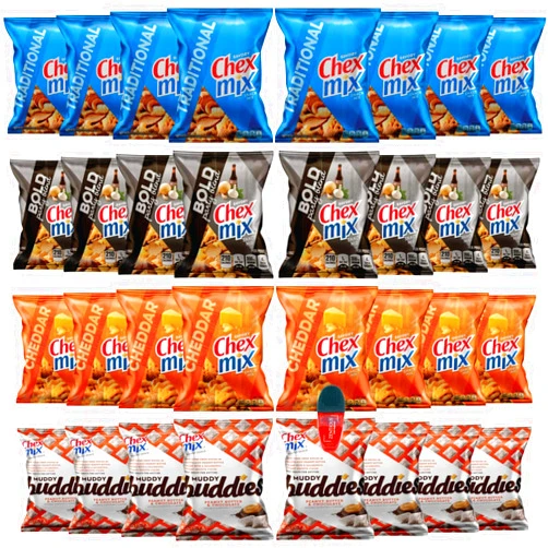 Zentious Chex Mix Snack Packs Variety Pack Of 32-1.75 Oz Bags of Chex Mix Traditional, Chex Mix Cheddar, Bold Chex Mix And Muddy Buddy Chex Mix Bundled With A Zentious Power Clip