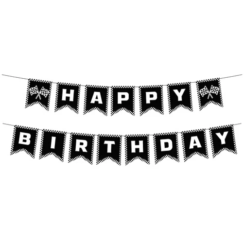 XIHIRCD Race Car Happy Birthday Banner, Racing Cars Party Decorations Black and White Checkered Racing Banner Race Checkered Flag Supplies for Party Birthday