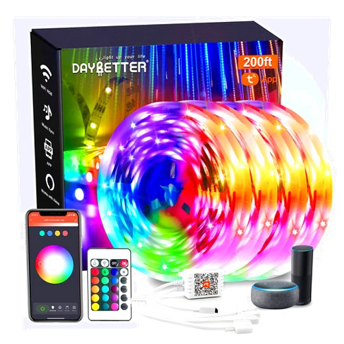 DAYBETTER Smart WiFi Led Lights, Tuya App Controlled, Compatible with Alexa and Google Assistant, Timer Schedule, RGB Strip Color Changing Décor for Bedroom Party Kitchen, 200ft
