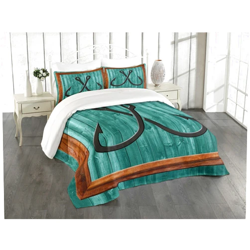 Ambesonne Nautical Coverlet, Fishing Lures Anchor Modern Abstract Painting Wooden Frame Rustic, 3 Piece Decorative Quilted Bedspread Set with 2 Pillow Shams, Queen Size, Teal Brown