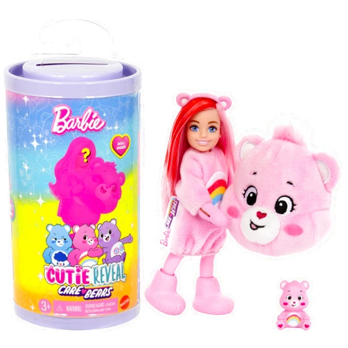 Barbie Cutie Reveal Chelsea Doll & Accessories, Care Bears Series, Small Doll with Plush Costume & 6 Surprises (Styles May Vary)