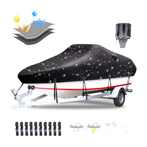 Plscoverit Boat Covers 17-19ft, Waterproof Trailerable Boat Cover, Heavy Duty 1200D Oxford UV Resistant Bass Boat Covers with Motor Cover, Fits V-Hull Tri-Hull Fish&Ski Boat, Runabout