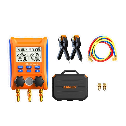 Elitech LMG-10Plus 2-Way Digital Manifold, HVAC Refrigerant Pressure Gauge for Superheat/Subcooling, with Temp Clamps and R410A Adapter, Supports 88 Refrigerants