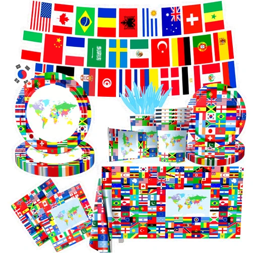 CMUSKO International World Flags Tableware Set, 142Pcs International Flags Decorations Plates and Napkins, Cups,Banner,Flags Tablecloth for Travel Trip Around the Globe Retirement Party