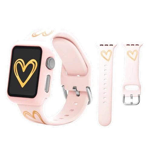 STARAMZ Compatible with Watch Bands 41mm 40mm 38mm, Soft Silicone Gold Heart Pattern Printed Sport Wristbands with Case for iWatch Series SE 7 6 5 4 3 2 1 for Women Men,light pink,38mm case