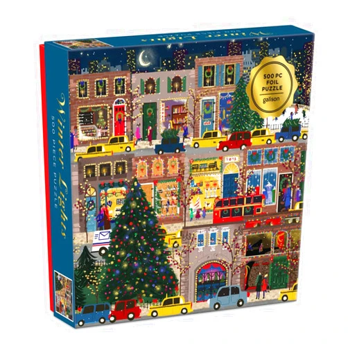 Galison Winter Lights Foil Puzzle, 500 Pieces, 20” x 20” – Holiday Jigsaw Puzzle Featuring a Festive City Scene by Joy Laforme – Thick, Sturdy Pieces, Challenging Family Activity, Great Gift Idea