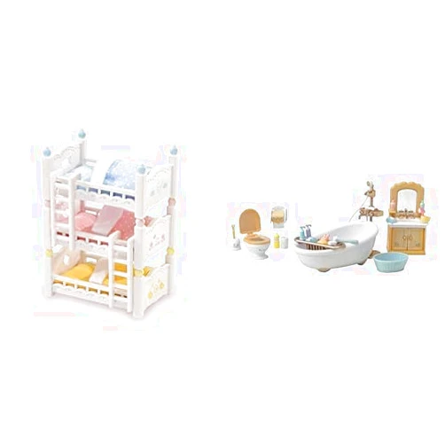 Calico Critters Triple Baby Bunk Beds and Country Bathroom Set - Dollhouse Furniture Bundle for Ages 3+