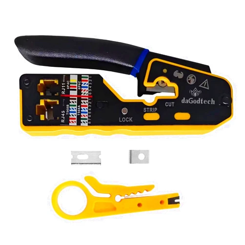 DaGodtech RJ45 Ethernet Network Tool Kit, Pass Through Cat6 Crimping Tool for RJ11 RJ12 Cat5e Cat7 Cat8, Ethernet Cable Wire Tester Stripper Crimper Tool set,Yellow (Crimper with Blade)