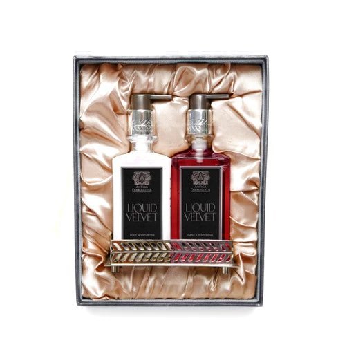 Antica Farmacista Liquid Velvet Acrylic Bath & Body Gift Set - Moisturizing Scented Lotion - Premium Hand Wash - With Silver Tray - Luxury Gift for Women & Men - Hand & Skin Hydration - Liquid Velvet