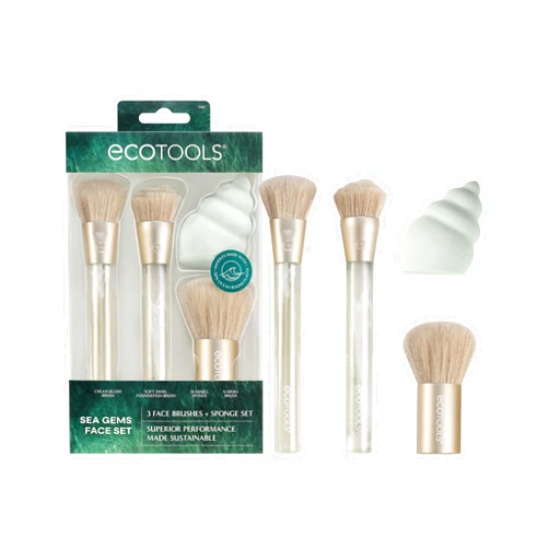 EcoTools Sea Gems Face Makeup Brush & Sponge 4 Piece Set, Eco-Friendly Makeup Brushes & Makeup Sponge, For Foundation, Blush, Contour, & Setting Powder, Recycled Plastic, Cruelty-Free Tools
