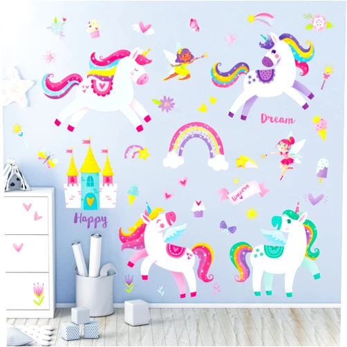 DECOWALL DS9-2119 Colorful Unicorn Wall Stickers Fairy Rainbow Kids Quote Decals Removable for Girls Nursery Bedroom Living Room Art Home Decor Decorations