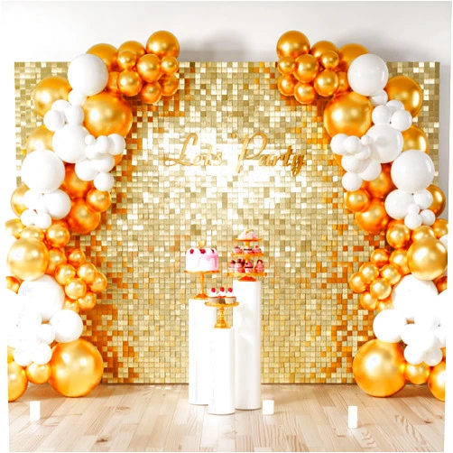 COKAOBE Light Gold Shimmer Wall Backdrop, 48PCS Square Sequin Shimmer Backdrop Panel, Photo Backdrops for Birthday, Anniversary, Wedding, Graduation & Bachelorette Party Decoration