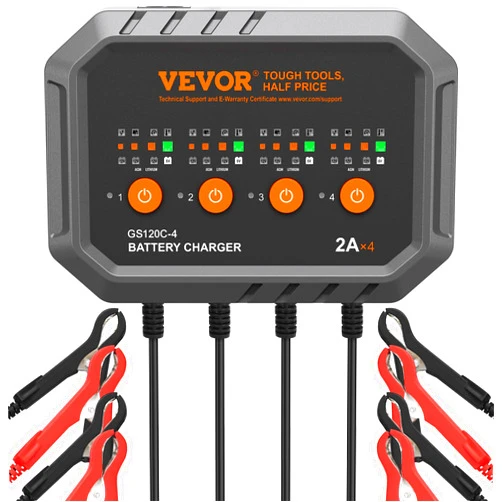 VEVOR 2A x 4 Car Battery Charger, LiFePO4 Lead-Acid (AGM/Gel/SLA) Smart Battery Charger, Fully-Automatic Charger Maintainer for Boat Motorcycle Lawn Mower Golf Cart Marine Deep Cycle