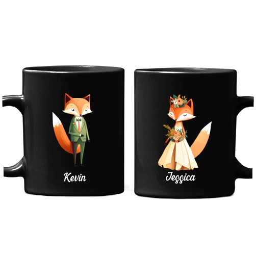 BixDori Fox Couple Mug, Mr & Mrs Coffee Mug, Personalized Set Of 2 Mugs Gift for Bride Groom, Fox Lover Black Cup 11oz, 15oz, Custom Him and Her Mug Set With Names Gift For Valentines/Engagement/Wedding