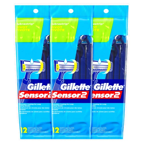 Gillette Sensor2 Pivoting Head + Lubrastrip Men's Disposable Razors, 12 Count (Pack of 3, Total 36 Razors)