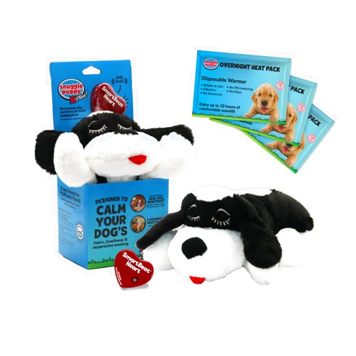 Snuggle Puppy Plus with 3 Heat Packs & All New Smartbeat Motion Activated RealFeel Heartbeat, Pet Anxiety Relief and Calming Aid - Comfort Toy for Behavioral Training (Black & White)