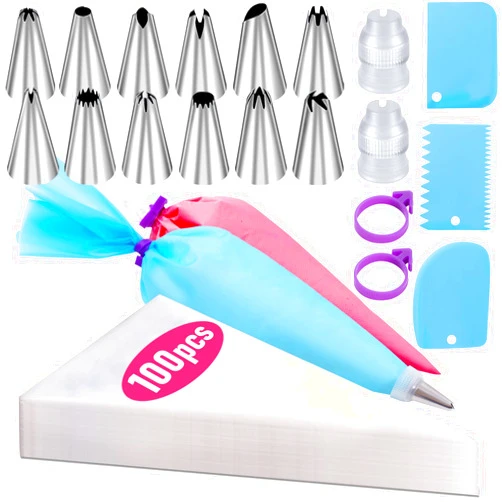 Wddeevoi Piping Bags and Tips Set, 100Pcs 12 Inch Pastry Bags, Icing Bags Disposable for Cakes Decorating Kit Supplies with 1 Reusable Piping Bags, 1 Couplers, 12 Frosting Tips, 2 Bag Ties, 3 Cake Scraper