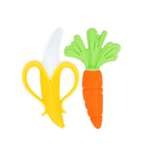 Nuby NanaNubs Banana Massaging Toothbrush and Realistic Silicone Carrot Teether with Massaging Bristles Combo - Gentle on Gums - 3 Months