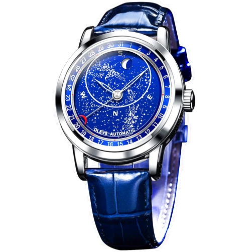 OLEVS Starry Sky Moon Phase Men's Automatic Mechanical Watches Blue Leather Luxury Dress Waterproof Luminous Wrist Watches