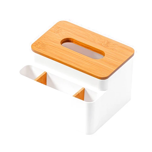 KHKJROS Bamboo Tissue Box Holder, Dresser Accessories for Home Office Bathroom Vanity, Tissue box organizer, Sections for Organize Phones Glasses Eyeshadow palette Hand cream Tampon storage