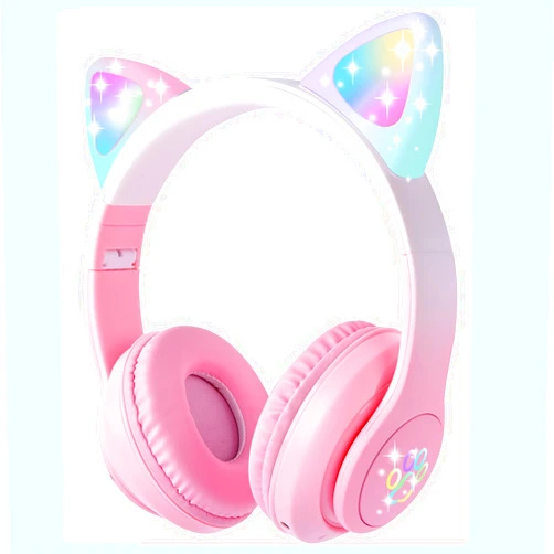 HOYJACY Cat Ear Kids Bluetooth Headphones for Girls Children Teens, LED Light Up Wireless/Wired Mode Foldable Stereo Girls Headphones with Built-in Mic for School Birthday Xmas Gift (Pink)